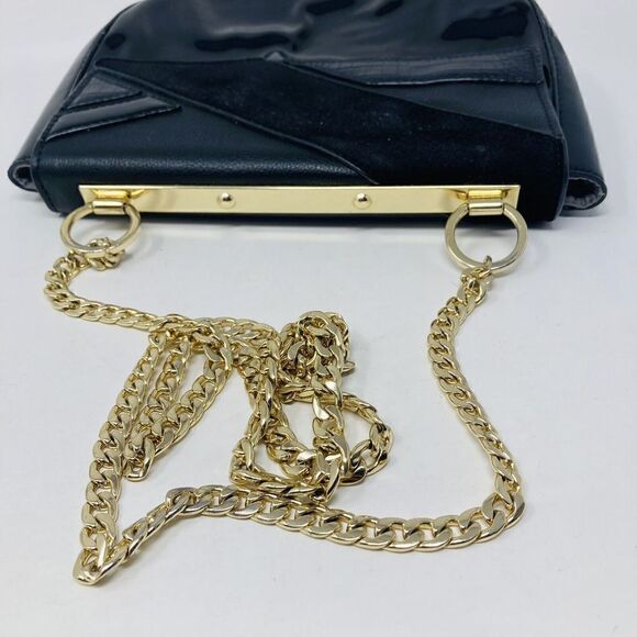 Kate Landry Black Patent Leather Handbag Purse Shoulder Bag Gold Chain Strap - Picture 7 of 7